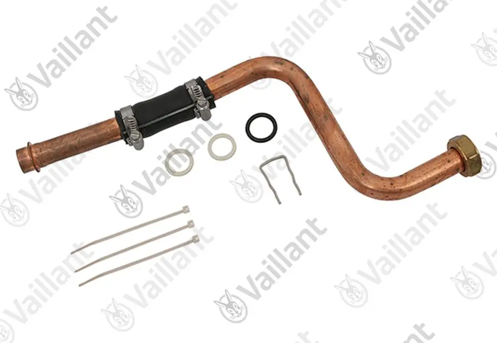 Kupferrohr von Vaillant mit gebogenem Abschnitt, einschließlich O-Ringen, Schellen und Sicherungsclips, geeignet für Heizpumpeninstallationen.